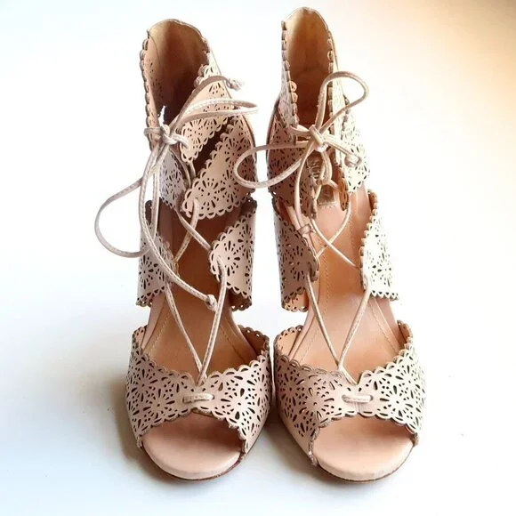 Schutz Tan Perforated Leather Heels Lace-up Peep Toe Summer Shoes Size 6.5 - Picture 13 of 16